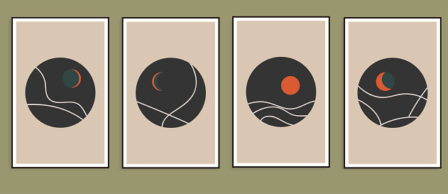 Vector set of trendy minimalist moon landscape in night design card banner for wall art media post and story illustration background