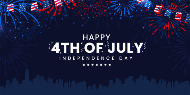 ilustrações de stock, clip art, desenhos animados e ícones de happy 4th of july independence day usa banner template with firework and usa cityscape on a navy blue background. vector illustration. - dia da independência