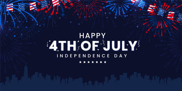 Happy 4th of July independence day USA banner template with firework and USA cityscape on a navy blue background. Vector illustration. Independence Day is celebrated on the 4th of July of each year in the USA and it is the celebration of the day the United States Of America declared its independence from the control of Great Britain. Independence Day is commonly celebrated with the lighting of fireworks or electronic light shows, music, and outdoor activities the display of the "American" flag, and the display of the USA flag colors red, white, and blue. independence day stock illustrations