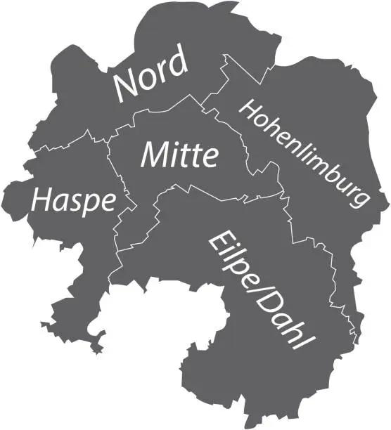 Vector illustration of Dark gray tagged districts map of HAGEN, GERMANY