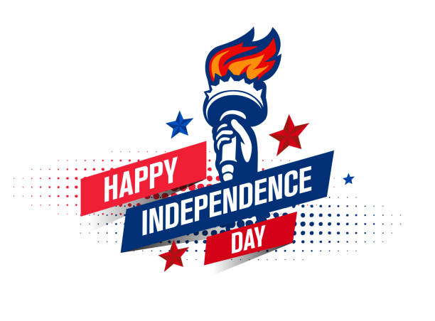 vereinigte staaten von amerika happy independence day feier symbol, schilder-design mit der freiheitsstatue flamme und hand. vektorillustration. - statue liberty statue of liberty new york city stock-grafiken, -clipart, -cartoons und -symbole