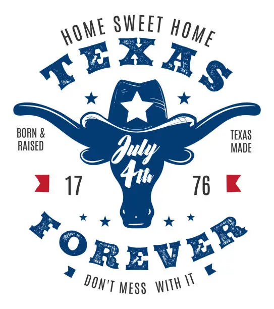 Vector illustration of Texas forever, 4th of July celebration sign, symbol, t-shirt design with longhorn and hat. Vector illustration.