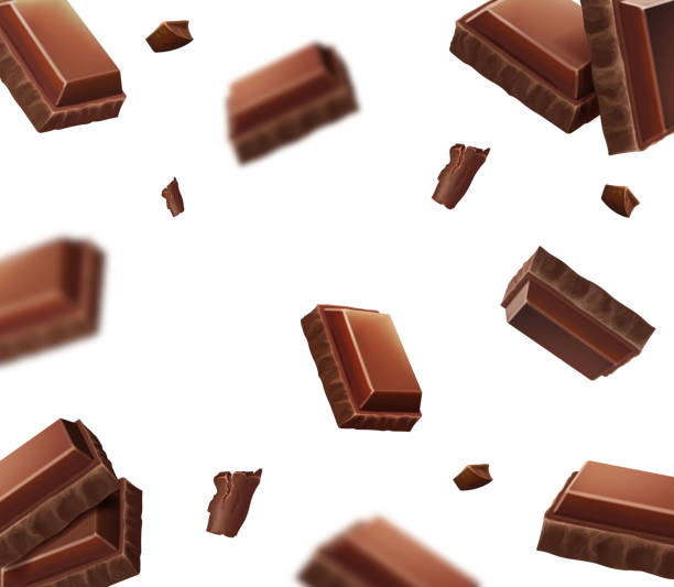 illustrazioni stock, clip art, cartoni animati e icone di tendenza di pezzi di cioccolato che cadono, pezzi di cacao sfocati - chocolate chocolate candy backgrounds brown