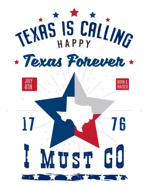 Vector illustration of Texas is calling, I must go, 4th of July sign, symbol, t-shirt design with Texas map and Lonestar. Vector illustration.