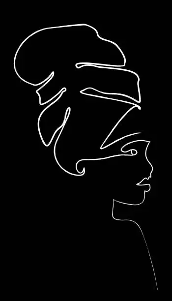 Vector illustration of Linear contour portrait of a girl in a turban. The profile of a dark-skinned woman is one line. Stylized hand drawing with a white textured line on a black background. Vector illustration of eps10