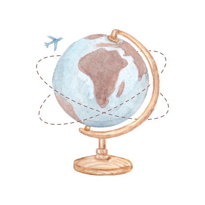 Watercolor the globe with airplane. Retro map. High quality illustration