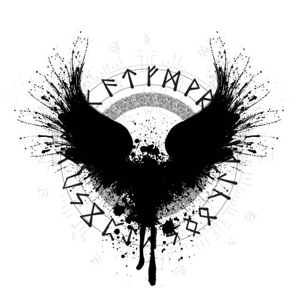 Raven scandinavian silhouette runes sign Black grunge bird wings silhouette with viking symbol isolated on white background white crow stock illustrations