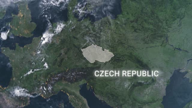 Czech Republic map highlighted with border and country name, zooming in from the space through a 4K photo real animated globe, with a panoramic view consisting of Asia, Africa and Europe. Realistic epic spinning world animation, Planet Earth, highlight