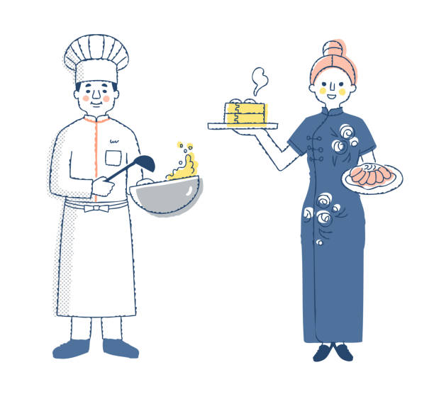 illustrations, cliparts, dessins animés et icônes de chef de restaurant chinois et commis homme et femme - chinese cuisine fried rice asian cuisine wok