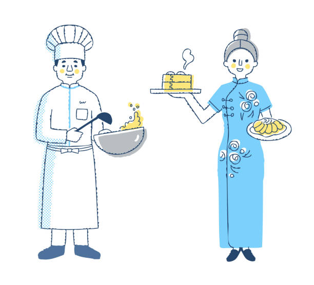 Chinese restaurant chef and clerk male and female Chinese food, clerk, costume, uniform, work, restaurant, chef, smile, chef, waitress chinese cuisine fried rice asian cuisine wok stock illustrations