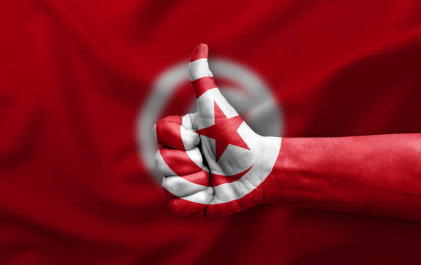 Hand making thumb up painted with flag of tunisia