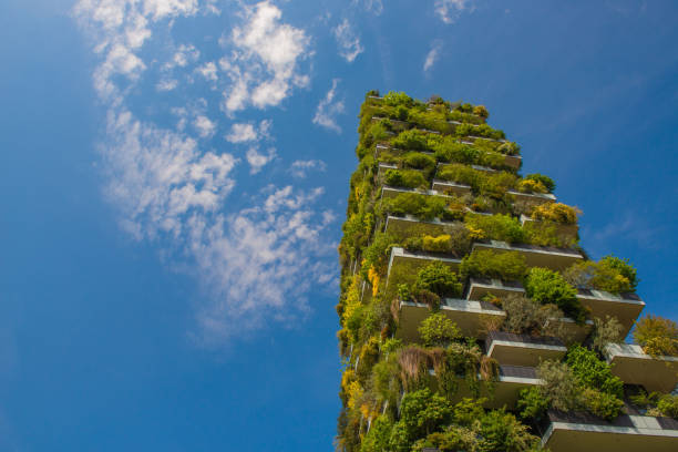istock Glass skyscraper surrounded by flowering field hot 1401398983