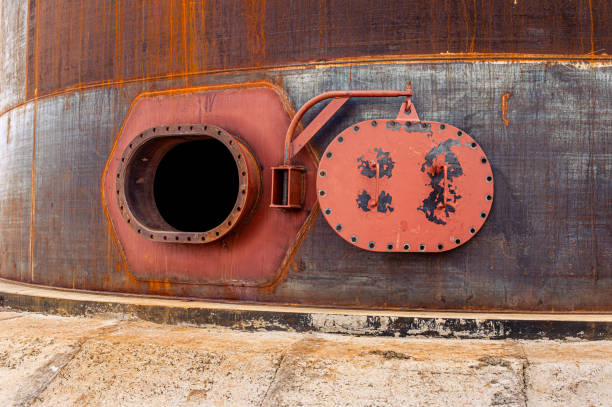 alcantarilla oxidada abierta en el tanque de almacenamiento de la carcasa del tanque de combustible - rusty storage tank nobody photography fotografías e imágenes de stock