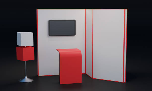 istock Exhibition stand design, Blank booth mock-up with banner, 3D rendering 1401399739
