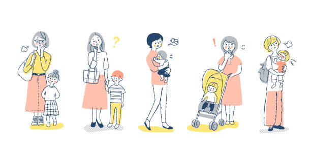 ilustraciones, imágenes clip art, dibujos animados e iconos de stock de un conjunto de múltiples madres y niños con expresiones problemáticas todo el cuerpo - inconveniencia ilustraciones
