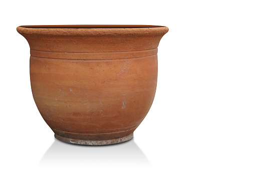 old brown pottery clay pot on white background, decor, object, home, house, copy space