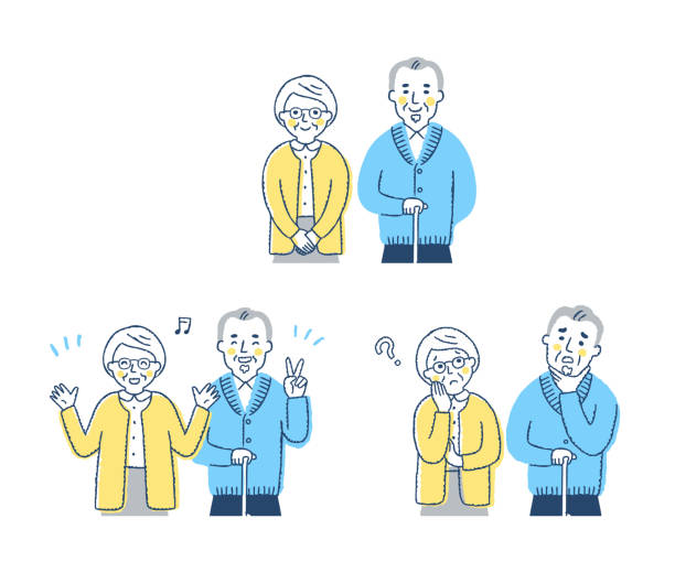 Elderly couple with various expressions, upper body Variations, facial expressions, before and after, old people, senior couples, Japanese, senior adult retirement question mark worried stock illustrations