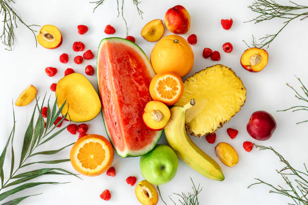 istock Tropical fruits on a white background top view. 1401407057