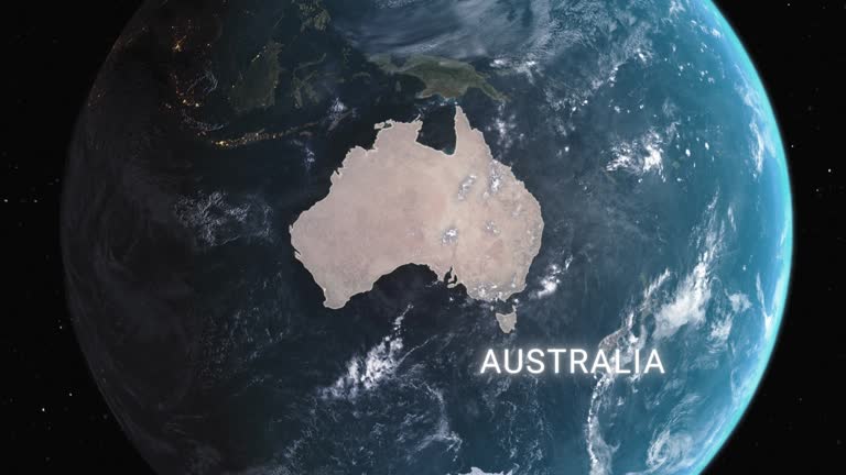 Australia map highlighted with border and country name, zooming in from the space through a 4K photo real animated globe, with a panoramic view consisting of Australia. Realistic epic spinning world animation, Planet Earth, highlight