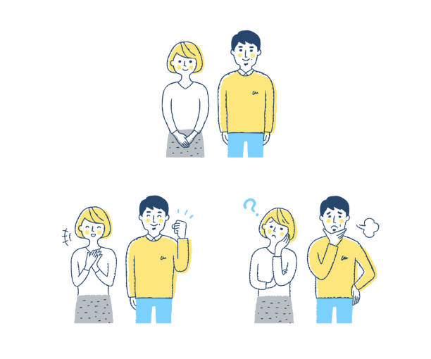 Middle-aged couple with various facial expressions, upper body Joy, trouble, smile, men and women, middle-aged better complaint stock illustrations