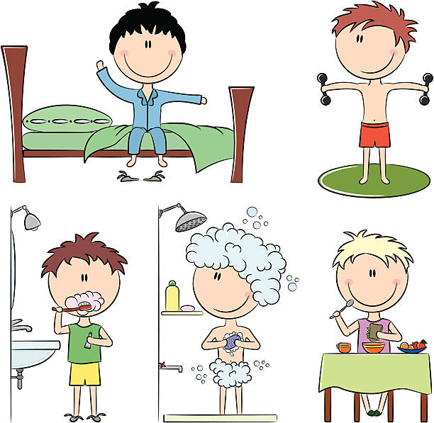 ilustrações, clipart, desenhos animados e ícones de meninos vida manhã diário - house home interior small human hand