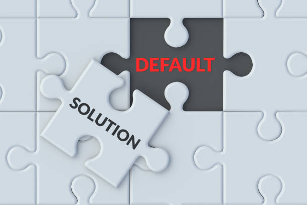 istock Word default and solution on puzzle pieces jigsaw. Financial crisis. Default on debt obligations. Bankruptcy of the banking sector. Economic problem. Inflation, devaluation. Top view. 3d render 1401411876