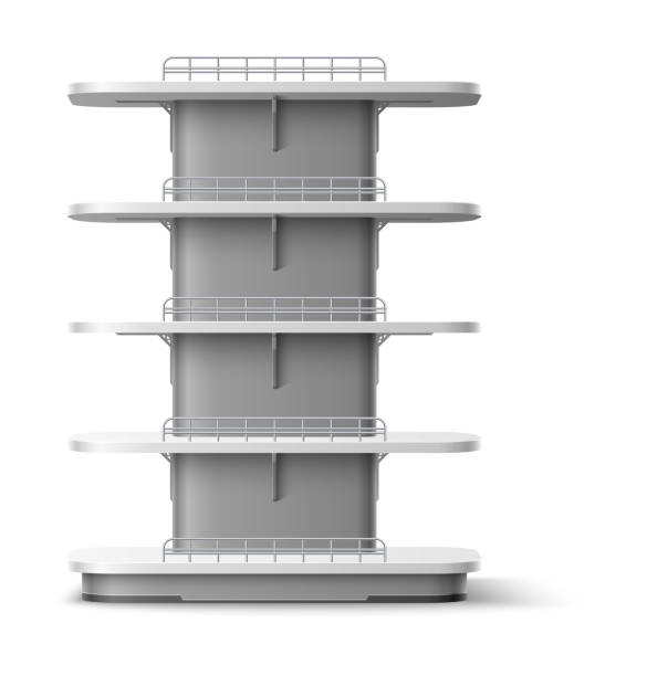 istock Empty shelving stand. Realistic shopping shelves. Supermarket furniture. Multi level racking front view. White store rack for merchandise exhibition. Vector clean shop interior object 1401415315