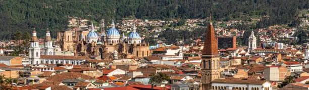 Panoramic view of the historical center of city Cuenca at the valley with its many churches. View from the north hill. Ecuador