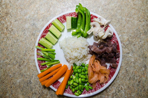 Poke bowl in a plate seen from above