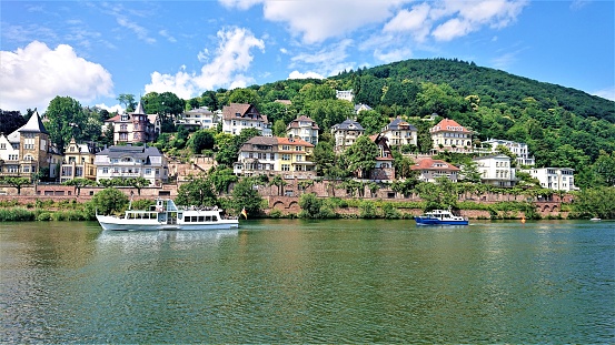 View of the Rhine in the Unesco World Heritage Site Upper Middle Rhine Valley with a sandbank and the city of Oberwesel in the background