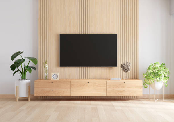 tv widescreen e credenza in legno in soggiorno, rendering 3d - credenza buffet foto e immagini stock