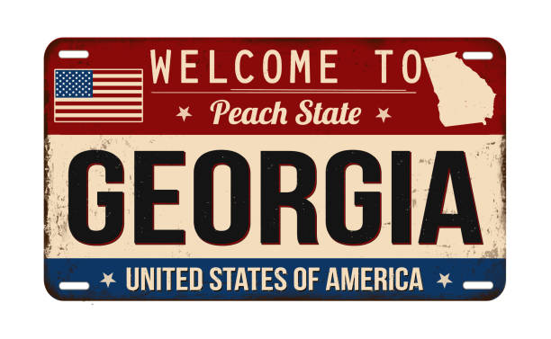 illustrazioni stock, clip art, cartoni animati e icone di tendenza di benvenuti alla targa arrugginita vintage della georgia - license plate metal rusty old