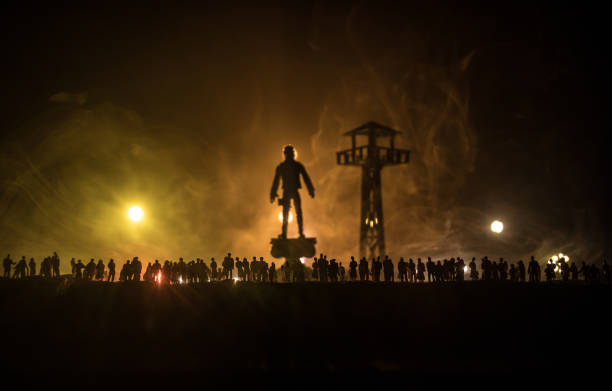 istock Creative artwork decoration war on Ukraine. Crowd looking on giant explosion and attacking soldiers. 1401421432