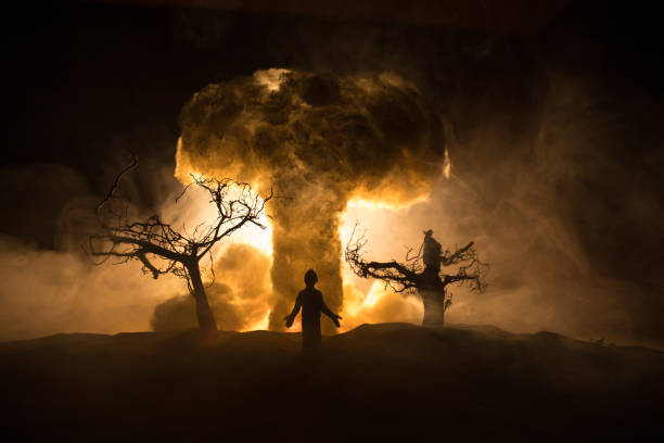 istock Creative artwork decoration war on Ukraine. Crowd looking on giant explosion and attacking soldiers. 1401421455