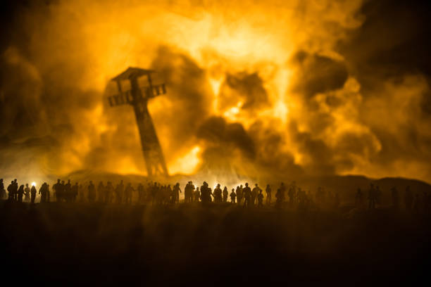 istock Creative artwork decoration war on Ukraine. Crowd looking on giant explosion and attacking soldiers. 1401421463