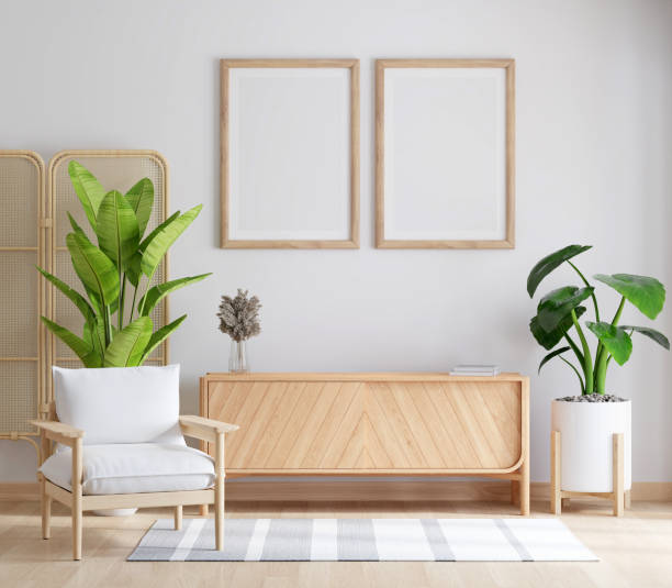 istock Wood sideboard in white living room with two picture frame mockup, 3D rendering 1401422226