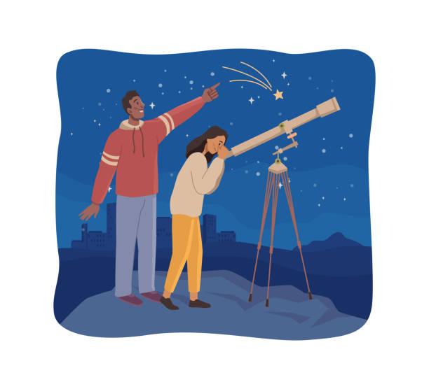 Man and woman watching starry sky and celestial bodies through telescope. Couple on romantic date, hobby of boyfriend and girlfriend, leisure and fun. Flat cartoon character, vector illustration Man and woman watching starry sky and celestial bodies through telescope. Couple on romantic date, hobby of boyfriend and girlfriend, leisure and fun. Flat cartoon character, vector illustration starry sky telescope stock illustrations