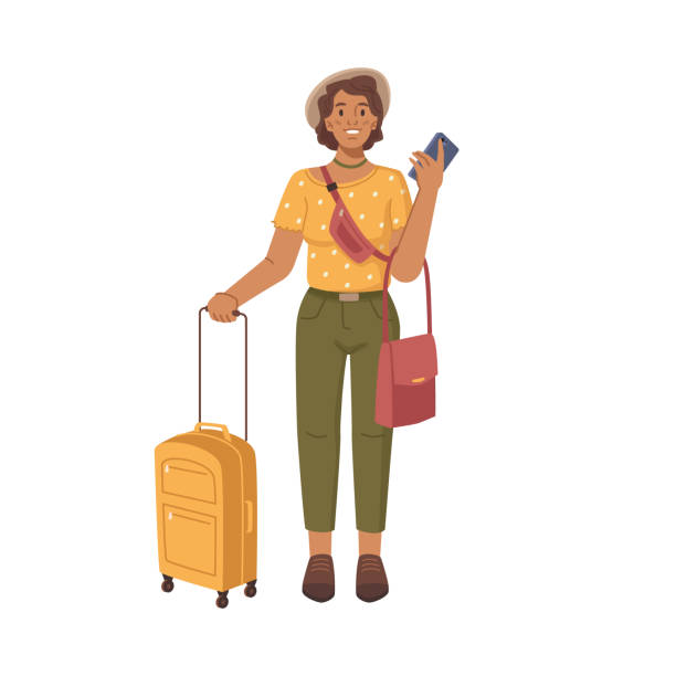 kobieca persona ze smartfonem, torebką i spakowanym bagażem gotowa do podróży. podróż i podróż, turysta pasażerski na wakacjach za granicą. płaska postać z kreskówki, ilustracja wektorowa - women travel tourist suitcase stock illustrations