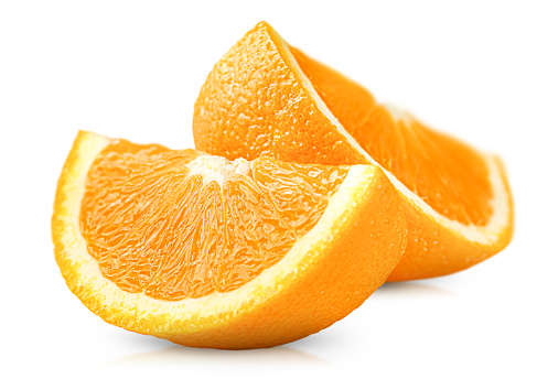 two fresh orange slices on a white isolated background
