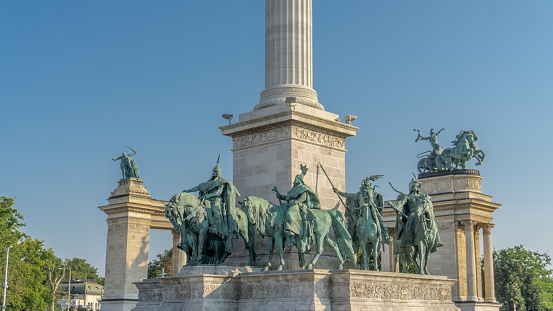 Budapest, Hungary-September 2018: Spectacular sunny view over a very popular city landmark famous in the world, Hero Square, a grandiose-looking monument with statues of Hungarian historical figures.