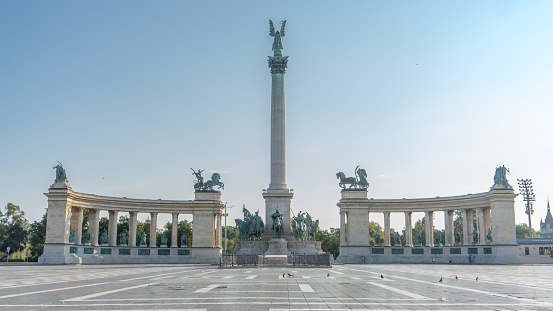 High section view in afternoon light of London monument constructed in 1840s to commemorate Vice-Admiral Horatio Nelson’s victory at the Battle of Trafalgar.