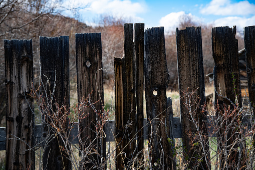 100+ year old wooden board fence on Montana homestead ranch in northwestern USA.