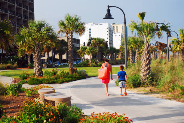 madre e hijo caminando con palmettos - beach family boardwalk footpath fotografías e imágenes de stock