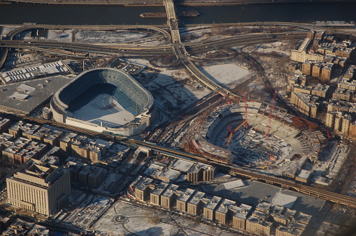 An aerial view shows the construction of the new Yankee Stadium alongside the original baseball stadium in the Bronx