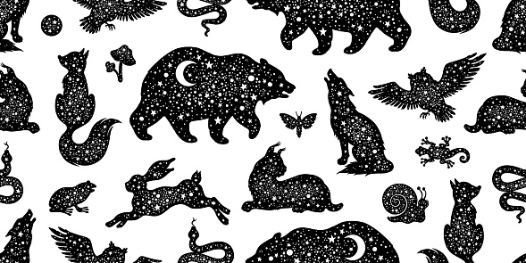 Vector animal pattern. Magic boho background. Mystic moon illustration with wolf cat fox bear owl silhouettes. Seamless star animal pattern. Esoteric celestial design of black tattoo astrology totem