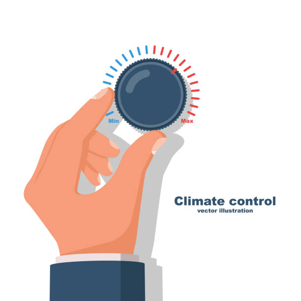 Climate control handle. Person includes air conditioning in the car. Climate control handle. Person includes air conditioning in the car. The driver turns on the vehicle's climate control system. Vector illustration flat design. Isolated on white background. turn knob stock illustrations