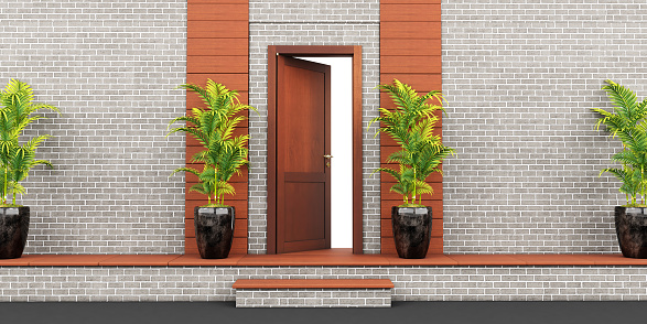 set of Realistic open wooden doors on bricks wall background, 3D render