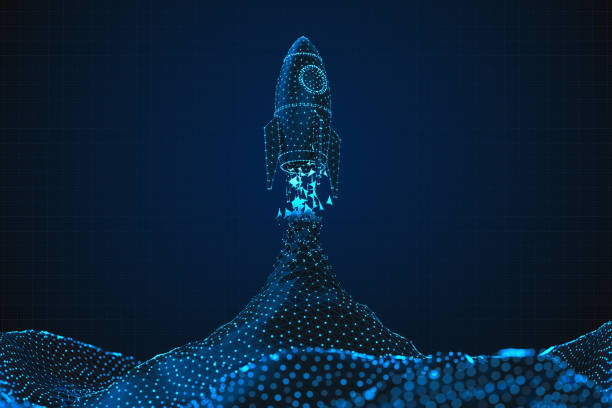 Rocket Launch Digital Business Startup Abstract 3d rocket launch. Digital business startup concept. rocketship stock pictures, royalty-free photos & images