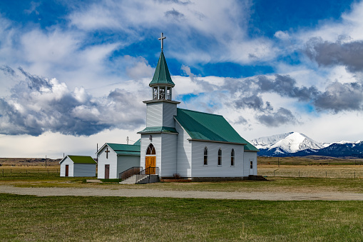 Picturesque church at the foot of the Crazy Mountains near Big Timber, Montana in the USA.