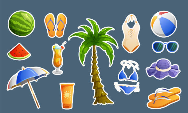 ilustrações de stock, clip art, desenhos animados e ícones de great summer set. summer items, food, clothing. stickers. - suntan lotion symbol ice umbrella